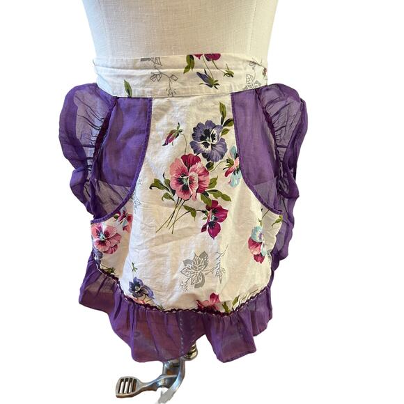 Vintage Pansy Print ruffle half apron ric rac trim - Picture 2 of 6